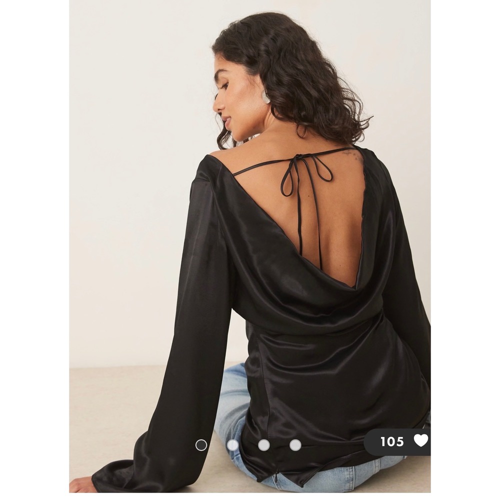 ASOS Satin Cowl Back Top Women 10 Black Excellent Long Sleeve Flare Elegant Chic